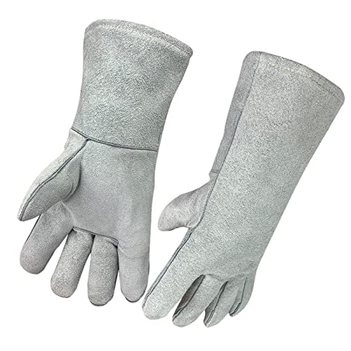 SLFC Guantes de soldadura de cuero dividido de vaca resistentes al calor y al fuego, guantes de trabajo de seguridad de cuero de 14 pulgadas para barbacoa, horno, soldador Tig, manejo de jardín y animales (gris)