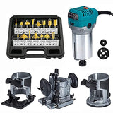 Ruteador compacto, 1/4 pulgadas 710 W Palm Router Trimmer con base de desbrozador / inclinación/profundidad y 15 piezas fresadoras, recortadora eléctrica laminada para carpintería – Kit de recorte de fresado