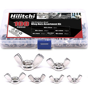 Hilitchi 100 piezas M3 M4 M5 M6 M8 M10 Wingnut Butterfly Wing Tuercas Surtido Kit de surtido de tuercas de mariposa de acero inoxidable 304