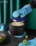 EUNA Guantes de horno de silicona, resistentes al calor, juego de manoplas de cocina antideslizantes con mini guantes de horno y almohadillas calientes, perfectos para hornear, forro acolchado, caja de regalo, azul y azul