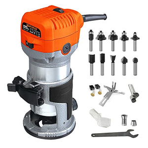 JOAVANI Herramienta compacta para enrutador de madera, 1.25 HP 6.5 amperios, router de palma con velocidad variable, base fija, 10 brocas de madera, guía de borde y rodillo, pinzas de 1/4 pulgadas y 3/8 pulgadas