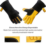 KIM YUAN Guantes de piel resistentes al calor y al fuego con costuras de Kevlar, guantes perfectos para soldadura/horno/parrilla/barbacoa/chimenea/estufa/soporte para ollas/soldadora/manipulación de animales, (14 pulgadas-negro)