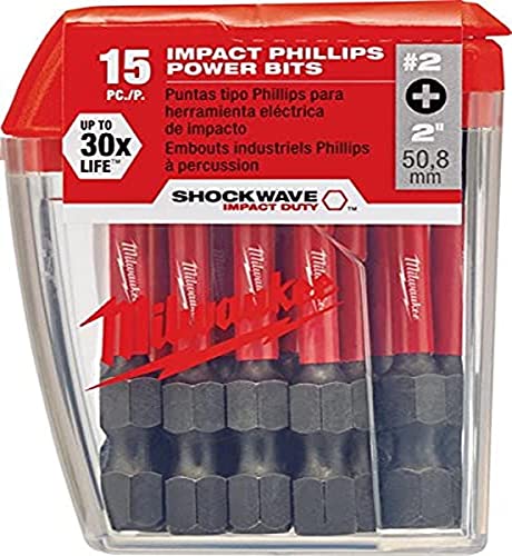 Milwaukee Electric Tool 48 – 32 – 5004 Shockwave 5,1 cm Potencia Bit Phillips # 2 15 Piece Contratista Pack