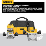 Dewalt DW618PKB 2-1/4 caballos de fuerza EVS Combinación de rebajadora de base fija y base ajustable con velocidad electrónica variable, inicio suave