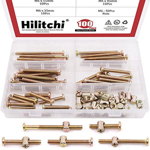 Hilitchi 100-Pcs M6 Zinc Plated Crib Screws Hex Drive Socket Cap Furniture Barrel Screws Bolt Nuts Assortment Kit for Furniture Cots Beds Crib and Chairs (35mm/45mm/55mm/65mm/75mm-Assortment Kit)