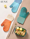 EUNA Guantes de horno de silicona, resistentes al calor, juego de manoplas de cocina antideslizantes con mini guantes de horno y almohadillas calientes, perfectos para hornear, forro acolchado, caja de regalo, azul y azul