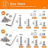 Canitu 1220 piezas de tornillos de cabeza plana plateada, tuercas planas M2 M3 M4 M5 304 de acero inoxidable Tornillo pernos con 4 llaves hexagonales