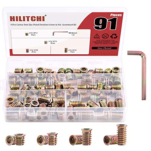 Hilitchi 90Pcs Furniture Screw in Nut Threaded Wood Inserts Bolt Fastener Connector Hex Socket Drive Insert Nuts for Wood Furniture with Bonus Hex Spanner (5/16