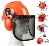 PROYAMA Casco de motosierra, casco con protector facial y orejeras, casco de seguridad forestal con sistema de protección auditiva, equipo de protección facial con dos viseras protectoras