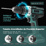 Juego de Taladro Eléctrico Inalámbrico con Dos Baterías de Litio de 3.0Ah, LED Incorporado, 2 Velocidades Variables de 3/8'', Impacto de Mandril sin Llave, 25 + 1 Embrague, Cargador Rápido para Mejoras en el Hogar y Proyectos de Bricolaje, 29 Piezas