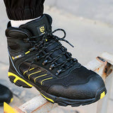 LARNMERN Botas de punta de acero a prueba de pinchazos para hombres, indestructibles, cómodas, antideslizantes, antiestáticas, botas de trabajo de seguridad al aire libre L91185 (31.0 cm, Negro amarillo)