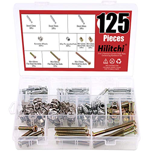 Hilitchi 125 piezas de accesorios de leva 3 en 1 con clavija y tuerca preinsertada con tapa hexagonal chapada en zinc para muebles, tuercas de barril para cuna, kit surtido de tornillos para gabinetes, cajones y muebles