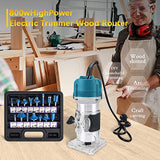 TwoWin 110 V 800 W Router de herramientas compactas, fresadora de madera de palma de mano laminada recortadora de carpintería tallada con 15 piezas de brocas de 0,63 cm