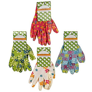 Juego de 4 guantes de jardinería de punto para mujer, talla única, colores y estampados divertidos, guantes suaves, cómodos y ligeros con revestimiento de vinilo para protección y agarre