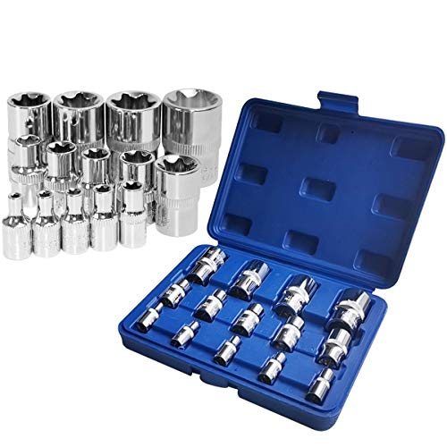 14 PCS Juego de enchufes de estrella externos con estuche de almacenamiento, Juego de enchufes de extracción de pernos de impacto / tuerca poco profundos, Retire los pernos, tuercas y tornillos dañados, congelados, oxidados, redondeados, 1/2 