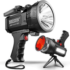 BIGSUN Q953 linterna LED de iones de litio recargable de 9600 mAh con reflector de luz de camping, trípode plegable, correa portátil, accesorios para pared y cargador de coche