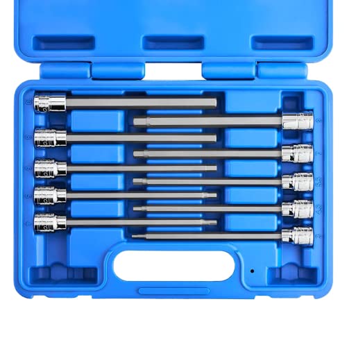 NEIKO 10077A 3/8” Drive Metric Extra Long Allen Hex Bit Socket Set | 10 Pieces | Sizes 3mm – 10mm | Shaft Length 6” | Premium S2 Steel Bits | Heavy Duty Cr-V Sockets | Exceeds ANSI Standards