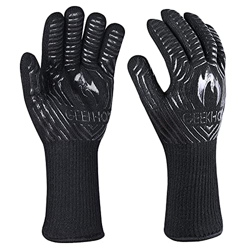 GEEKHOM Guantes para barbacoa, 1762 °F, resistentes al calor, certificado EN407, guantes de parrilla de 13 pulgadas para ahumar, hornear, cocinar, fogata (textura de llamas negras)