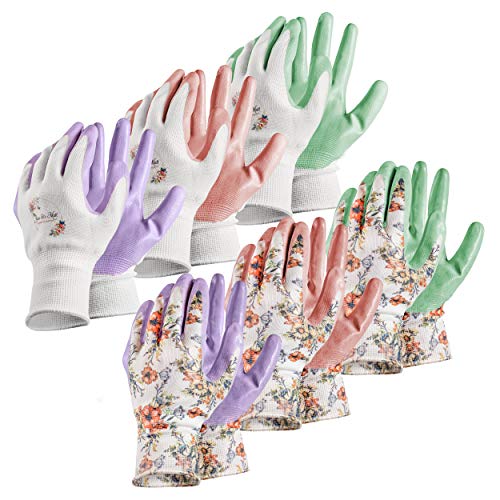 Jan & Matt Guantes de Poliester Floridos de Jardin con Revestimiento de Nitrilo, Guantes para Mujeres, Varios Colores, 6 Pares, Mediano