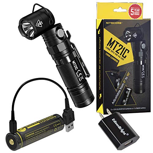 Nitecore MT21C - Linterna LED de cabeza inclinable de 1000 lúmenes y 90 grados, batería recargable NL1826R con cable de carga USB EdisonBright