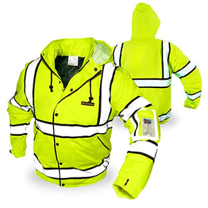 KwikSafety Marshal Bomber - Chaqueta de seguridad clase 3 de alta visibilidad, resistente al agua, ANSI OSHA, color amarillo, mediano a XXL, Amarillo, Large