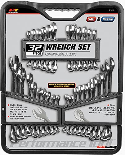 Performance Tool - Juego de llaves de broca y llaves de socket, 5 unidades, 32pc SAE and Metric Wrench Set