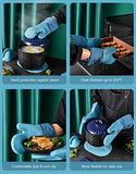 EUNA Guantes de horno de silicona, resistentes al calor, juego de manoplas de cocina antideslizantes con mini guantes de horno y almohadillas calientes, perfectos para hornear, forro acolchado, caja de regalo, azul y azul