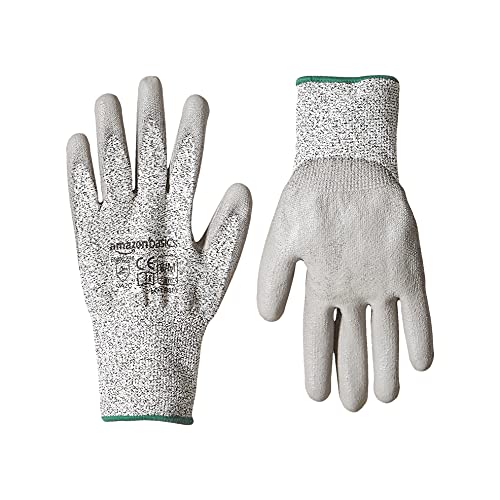 Amazon Basics Guantes de trabajo resistentes a los cortes, nivel de corte A2, guantes recubiertos de poliuretano, pantalla táctil, sal y pimienta, talla 8, M, 2 pares