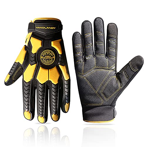 HANDLANDY Guantes de trabajo resistentes para hombre, corte 6 guantes de trabajo de protección contra impactos de seguridad, guantes mecánicos de pantalla táctil (mediano, amarillo)