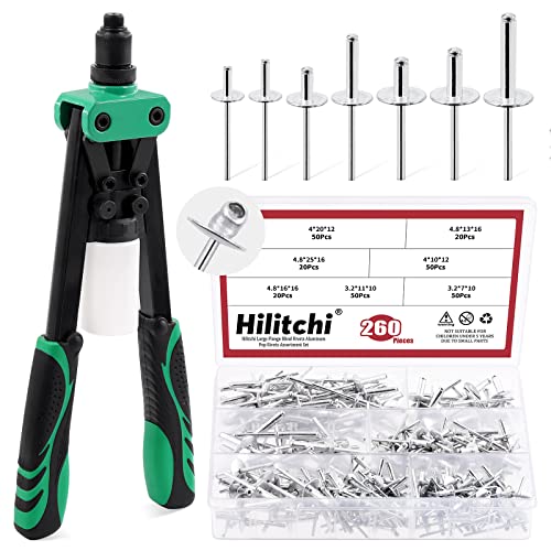 Hilitchi Kit de pistola de remache manual de 262 piezas con 3 cabezales intercambiables (3 piezas nasales) y 260 remaches en 7 tamaños, herramienta de remache manual de dos manos resistente para plástico, metal, cuero, vehículo