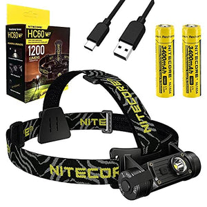 COMBO: Nitecore HC60 V2 - Linterna frontal USB-C recargable de alto rendimiento, 1200 lúmenes con batería EXTRANL189 de 3400 mAh y cable USB Eco-Sensa tipo C