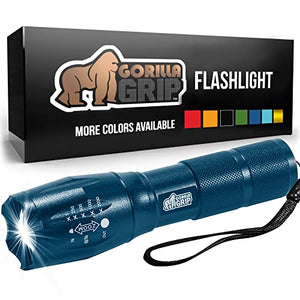 Gorilla Grip Linterna táctica LED de mano, ultra brillante, de larga duración, resistente al agua, 350 lúmenes, linternas con zoom de 750 pies, accesorios de campamento, equipo exterior, cortes de energía de emergencia, azul