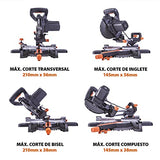 Ingletadora Evolution Power Tools R185SMS+ con corte multimaterial, bisel de 45 grados, inglete de 50 grados, guía de 210 mm, hoja incluida corta madera, plástico, metal y más (1500 W, 230 V, 185 mm)