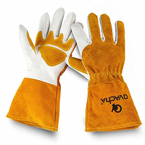 Guantes de soldadura resistentes al fuego para hombres y mujeres, guantes de soldadura ignífugos, extra largos, resistentes al calor, guantes de piel de vacuno (L)