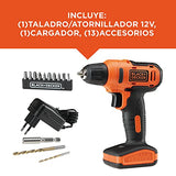 BLACK+DECKER Taladro Atornillador 12V 3/8 Pulgadas Ión de Litio y 12 Accesorios LD12S-B3