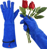 Guantes de jardinería profesionales a prueba de espinas GLOSAV para mujeres y hombres, poda de rosa y corte de cactus, guantes de jardín de manga larga resistentes, de piel de vaca (pequeño, azul)