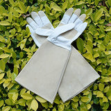 HANDLANDY Guantes largos de poda para hombres y mujeres, guantes de jardinería de piel de cerdo, guantes de jardinería transpirables y duraderos (S, beige)