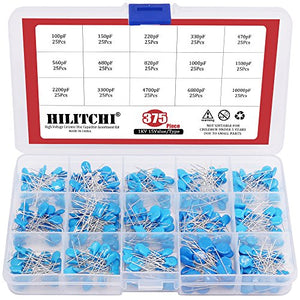 Hilitchi Kit surtido de condensadores de cerámica DIP de alto voltaje de 1 KV / 100 pF a 10000 pF – [375 piezas 15 valores]